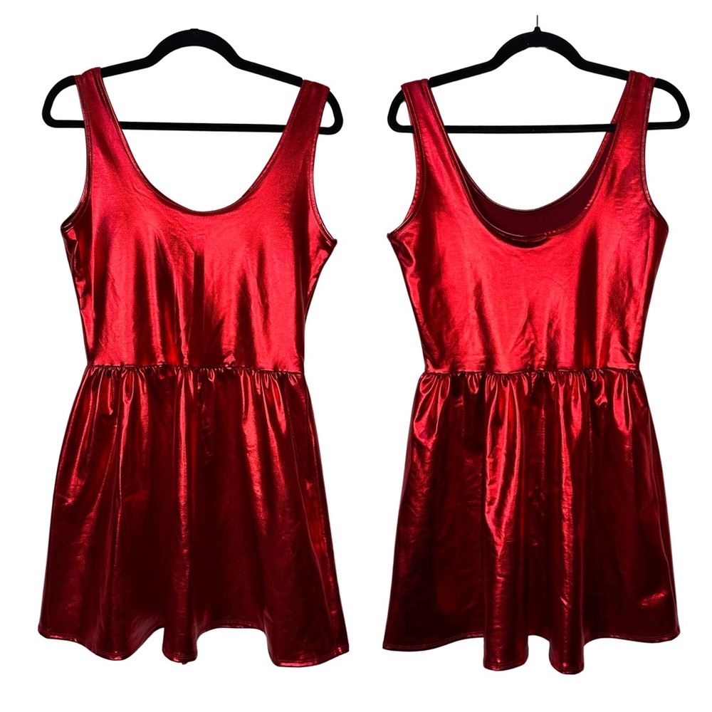 Route 3 Metallic Red Faux Leather Sleeveless Scoop Neck Fit And Flare Mini Dress